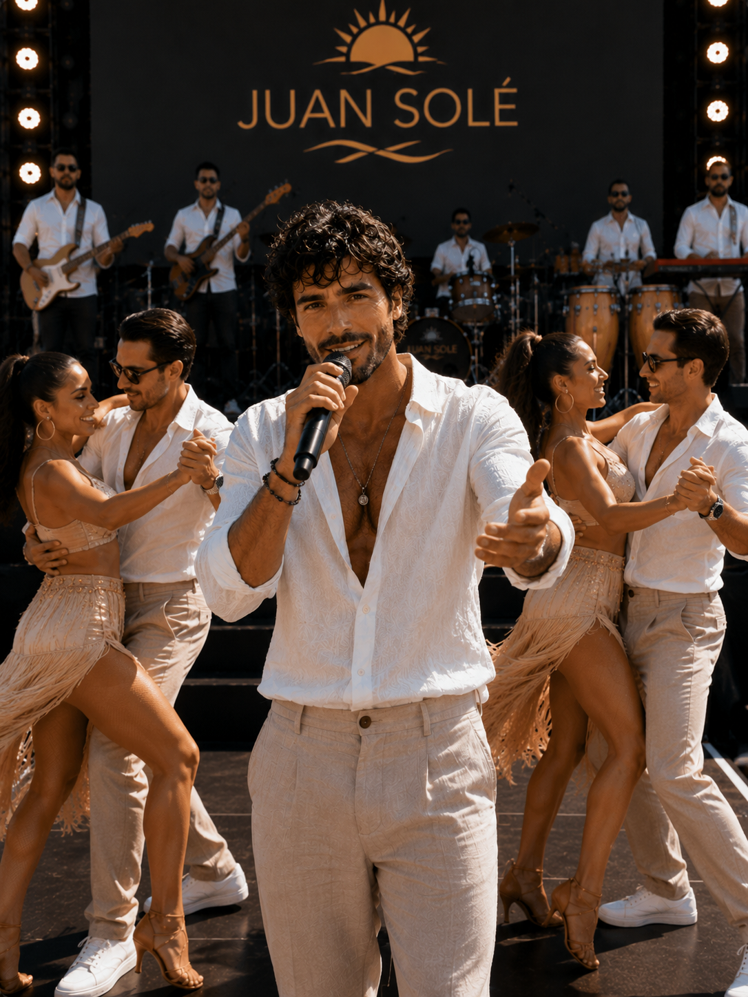 Juan Solé tijdens een live optreden voor een groot publiek aan de mediterane kust
