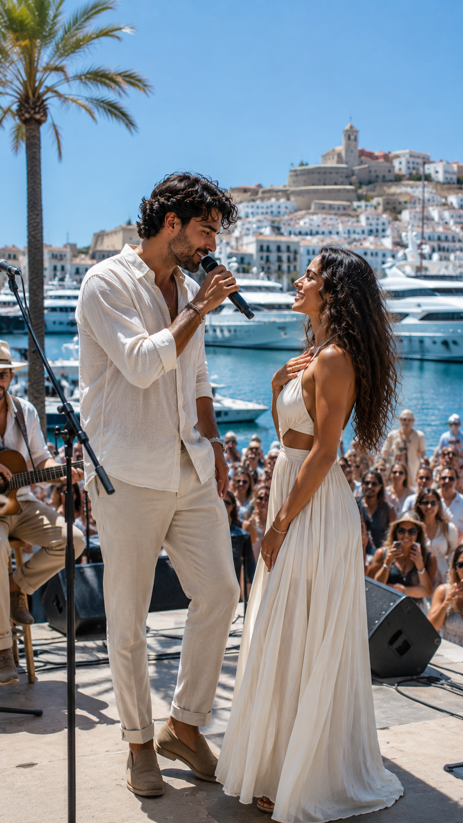 Juan Solé en Lucia Marin tijdens een fictief AI-gegenereerd live optreden.