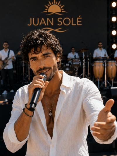 Juan Solé zingend op het podium